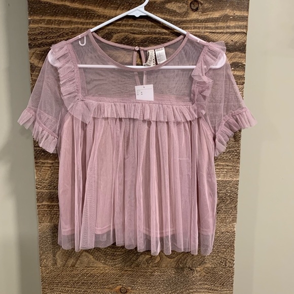 Divided Tops - Mauve Sheer Crop Top w/ Ruffles